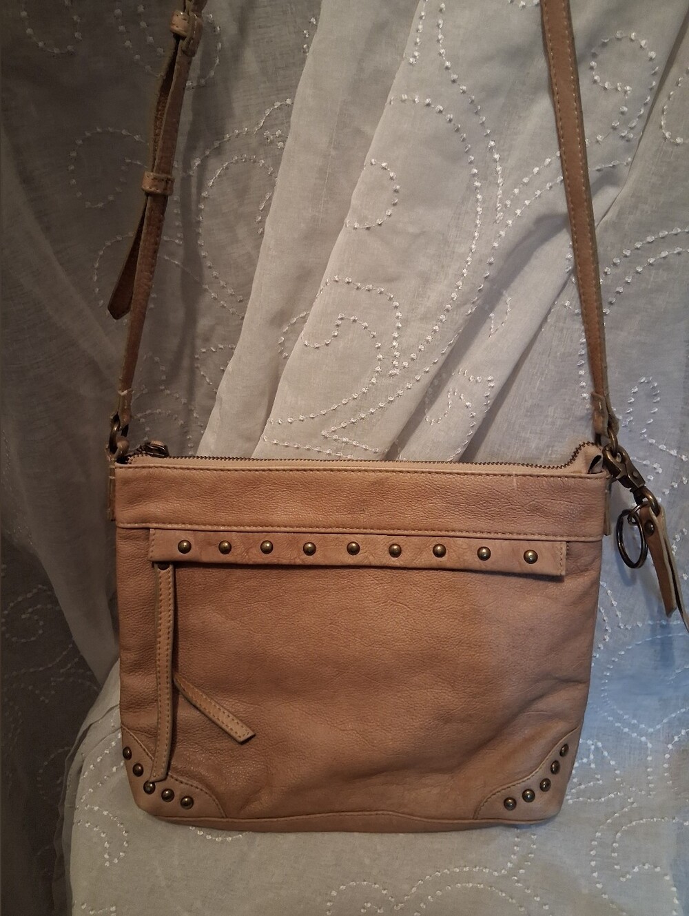 Frye Odessa Tan Leather Crossbody with Stud Accents